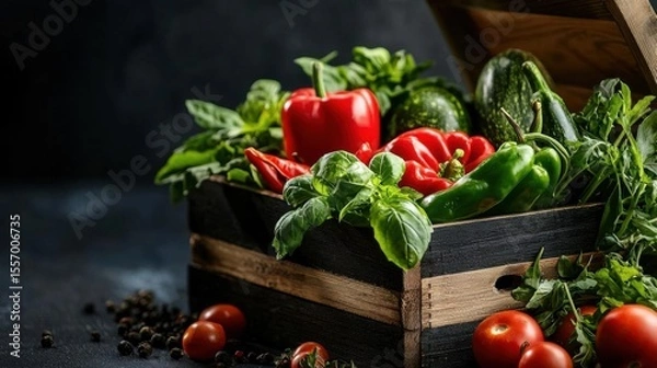 Fototapeta Wooden crate filled with fresh vegetables. the crate is made of dark wood and is placed on a dark grey surface.