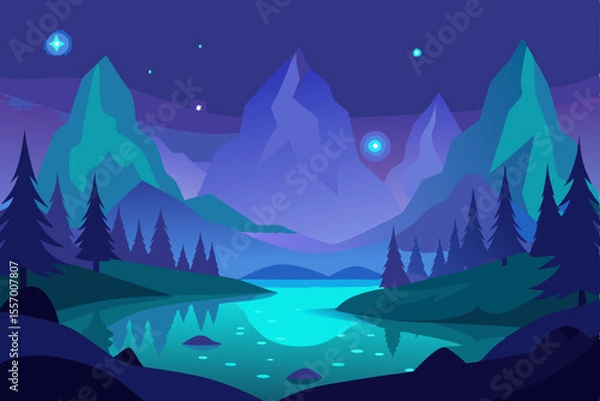 Fototapeta Night mountain landscape with snowy peaks, pine trees, and a cold blue lake under a starry sky