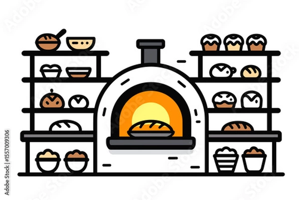 Fototapeta Bakery Display Shelf with Bread and Pastries Illustration, Fresh Baked Goods in Oven