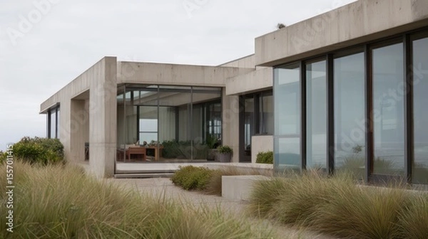 Fototapeta Ocean-bluff modern home in matte beige concrete glass fins top-down overcast light evenly illuminating textures subtle reflections in