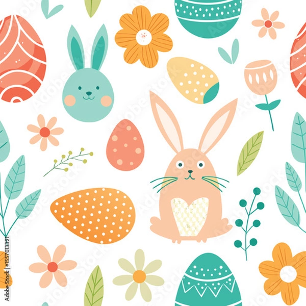 Fototapeta Cute seamless Easter pattern with cartoon rabbits, eggs, and flowers, perfect for a joyful spring holiday background