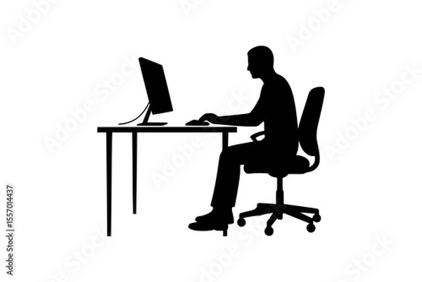 Fototapeta Silhouette of man at desk working on computer. Suitable for tech or business designs, website headers, or social media posts.