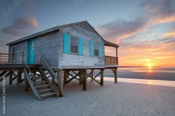 Fototapeta Cape Cod beach house on stilts with weathered gray siding turquoise accent shutters lit from the left by