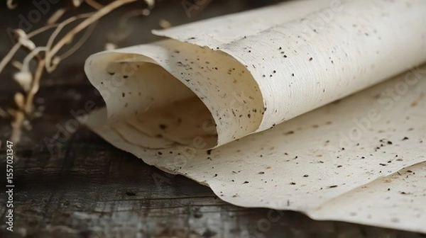 Fototapeta Close up of rolled papadums with black peppercorns on a wooden surface in a studio setting