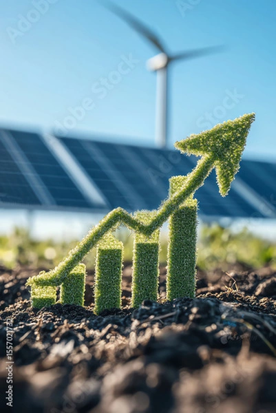 Obraz Eco growth bars rising with arrow, solar panels and wind turbines in background, clear sky