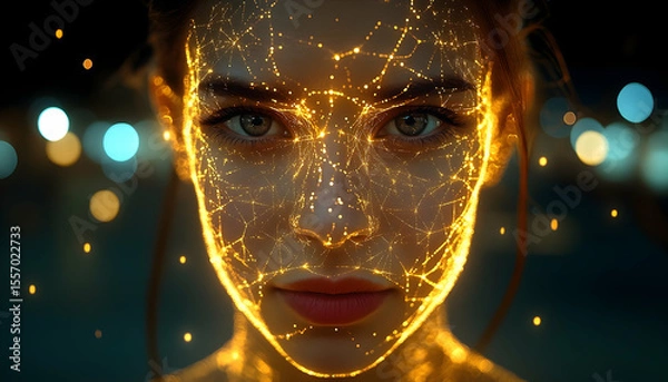 Fototapeta Glowing Golden Network Overlaying a Woman's Face with Bokeh Back