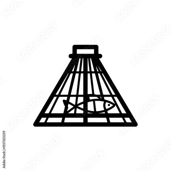 Fototapeta Fishing Trap Icon: A minimalist illustration of a classic fishing trap, capturing a single fish, representing the essence of angling and aquatic pursuits.