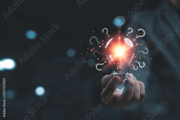 Fototapeta Businessman hand holds a glowing light bulb surrounded by question marks, symbolizing innovation, curiosity, and the pursuit of knowledge.