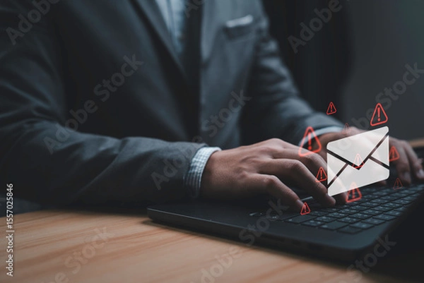 Fototapeta Businessman typing on a laptop, surrounded by warning icons symbolizing email alerts. The scene conveys urgency and a focus on digital communication, highlighting the importance of email security.