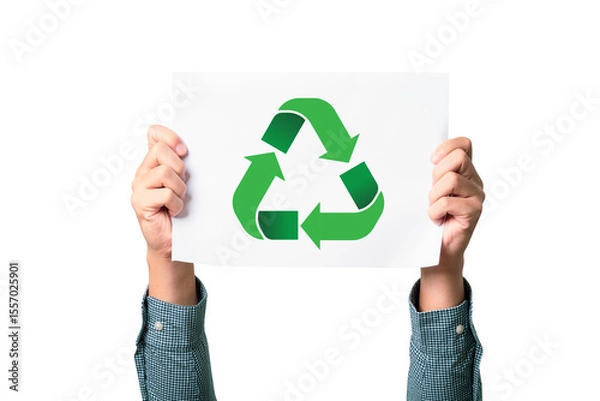 Fototapeta hands holds up a white sheet of paper displaying a green recycling symbol. The background is plain white, emphasizing the importance of sustainability and environmental consciousness.