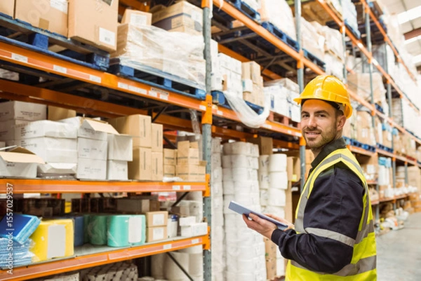 Obraz Male worker wearing hard hat and hi-vis vest inspecting stock with tablet in warehouse, copy space