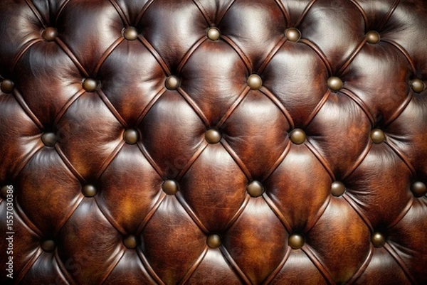 Fototapeta A close up of a brown leather couch with gold buttons