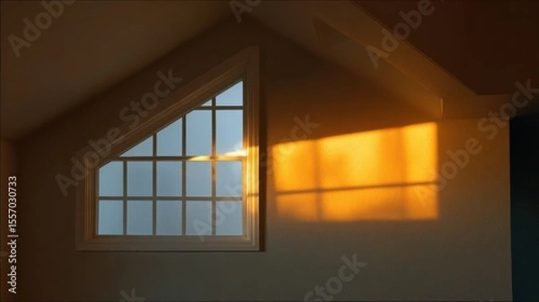 Fototapeta Cape Cod dormer gable lit by reflected golden-hour sun from nearby window warm bounce cold ambient shadows in