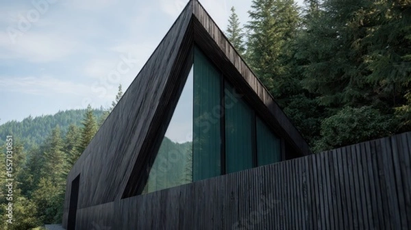 Fototapeta Geometric black house with diagonal cedar slats green tinted windows sidelit composition with long angular shadows realistic depth