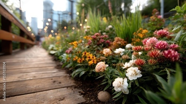 Fototapeta A picturesque wooden pathway leads through a flourishing garden, showcasing an array of colorful flowers, perfect for nature lovers and outdoor enthusiasts to admire.