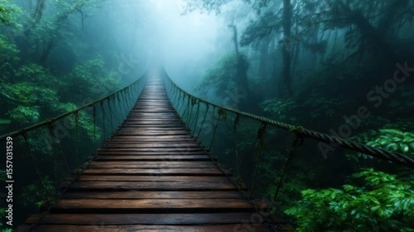 Fototapeta A captivating wooden bridge stretches across a serene fog-covered forest, embodying a sense of adventure and tranquility amidst sprawling greenery and mist.