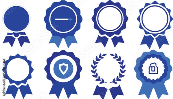 Fototapeta Vector art of collection of blue badges and awards with ribbons and security symbols, isolated on transparent background