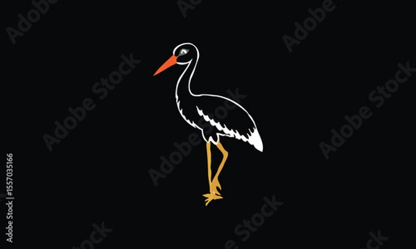 Fototapeta Vector bird isolated on cartoon style, stork stands on one leg, design element, bird 