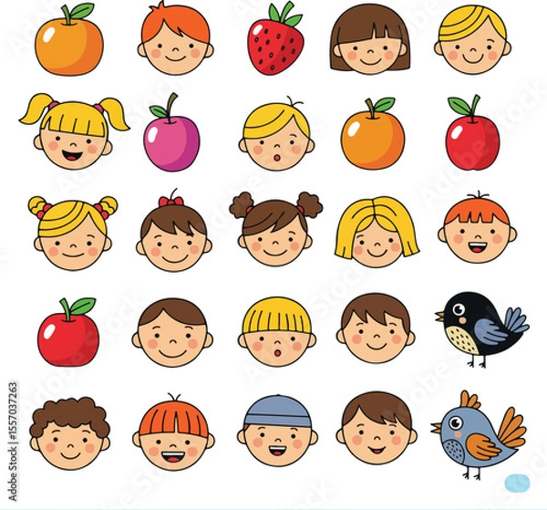 Obraz  Cute Cartoon Children Faces and Fruits Vector Illustration Set