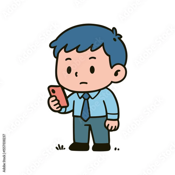 Fototapeta Illustration of a cute, cartoon-style businessman looking at his smartphone with a concerned expression.