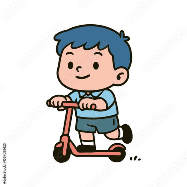 Fototapeta Vector illustration of a happy boy riding a scooter, drawn in a fun cartoon style.
