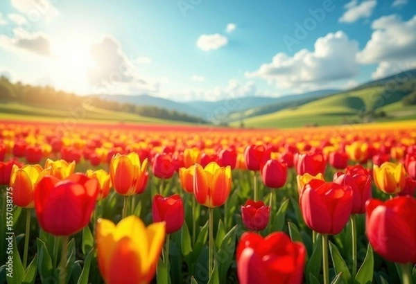 Fototapeta vibrant tulip fields rolling green hills scenic nature landscape blooming agriculture colorful garden, flora, petal, flower, spring, botanical, meadow, plant