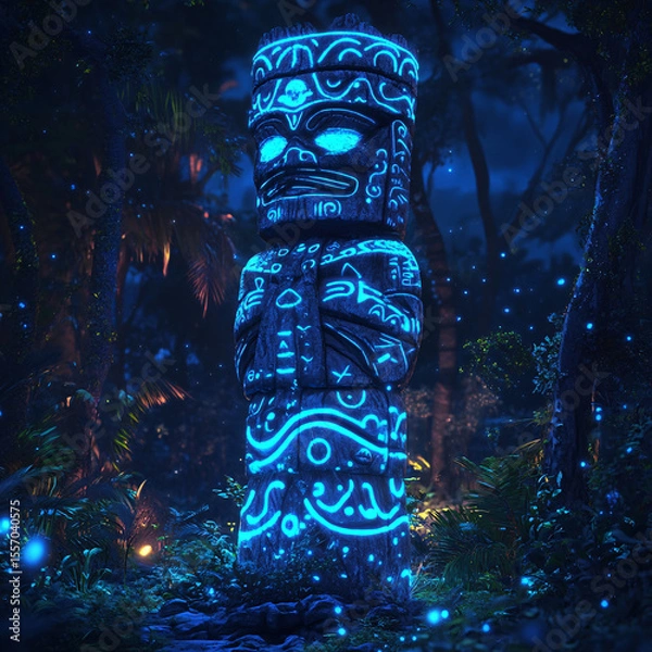 Obraz Glowing Tiki Statue in a Mysterious Blue Forest Night