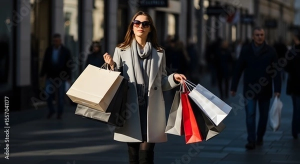 Fototapeta Portrait of a chic woman enjoying a luxury shopping spree on a bustling city street, carrying multiple bags and embodying a modern, urban lifestyle.