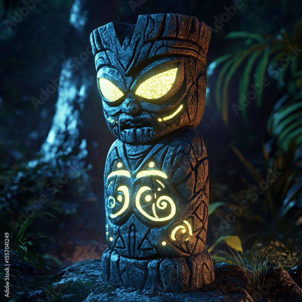 Obraz Glowing Tiki Statue in Dark Jungle Night stock photo
