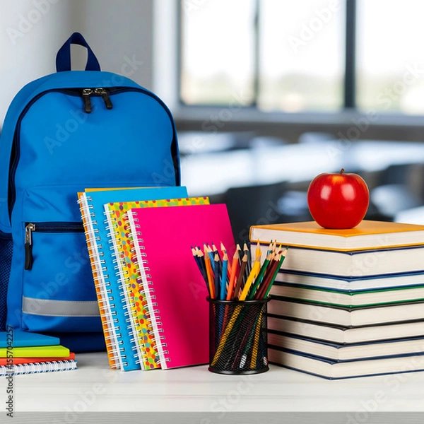 Obraz Back to School Concept with Stationery Books and Chalkboard Elements  Education Background Design. Ai Generated