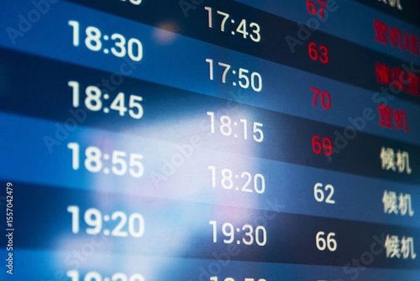 Obraz Close up of flight information board. The Chinese characters on the right display boarding