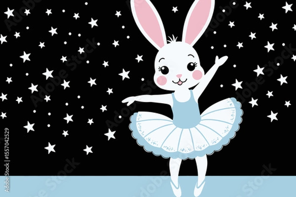 Obraz Bunny Ballerina Dancing Under the Stars-Cute Rabbit in a Tutu Performing Ballet-Charming Cartoon Illustration for Kids and Dance Lovers-Adorable Animal Dancer