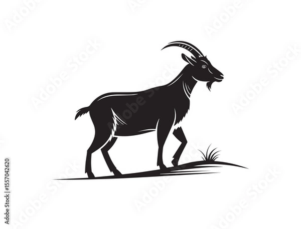 Fototapeta Side view silhouette of a standing goat with horns in simple black vector icon style, minimal farm animal symbol, strong profile graphic isolated on white background in PNG format

