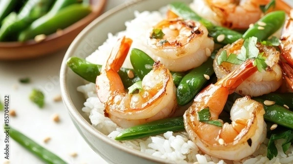 Fototapeta Grilled Shrimp on Rice with Fresh Green Vegetables and Herbs
