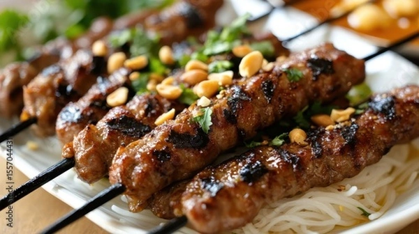 Fototapeta Grilled Skewers of Marinated Meat with Peanuts and Fresh Herbs