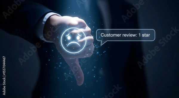 Fototapeta Businessman showing thumbs down with sad face icon and text "Customer review: 1 star," indicating negative feedback in digital interface.