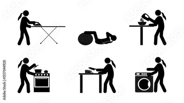 Fototapeta Set of stick figures, cooking and housework. Black silhouettes on white background, flat vector illustration.