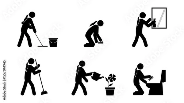 Fototapeta Set of stick figures, cleaning in the bathroom and house, flat vector illustration.