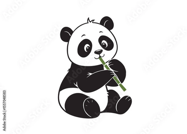 Obraz Black vector silhouette of a panda sitting and eating bamboo, cute minimal animal design in flat style, peaceful wildlife symbol isolated on white background in PNG graphic format