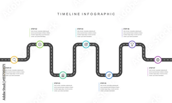 Obraz Business road map timeline infographic concept. with icons and 7 steps, workflow layout, diagram, report, web design. Business  Milestone. Vector illustration.