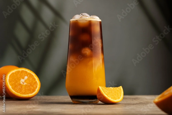 Fototapeta Iced bumble or bamblbee coffee. Layred refreshing drink with espresso, caramel syrup and freshly squeezed orange juice. Sliced ​​orange on the table. In the background, shadows from palm trees