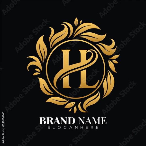 Fototapeta Elegant gold hl monogram logo with floral wreath and brand name placeholder