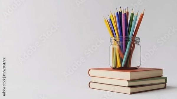 Fototapeta Stack of books and colored pencils representing studying on a black background
