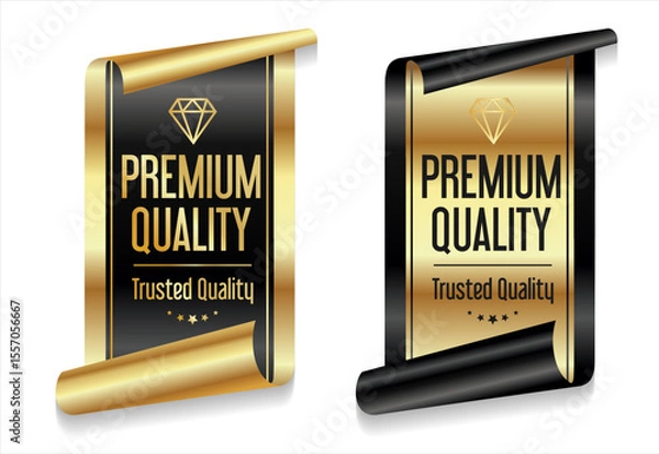 Fototapeta A luxurious and modern Premium Quality badge design featuring a stylish gold and black color palette on a clean white background