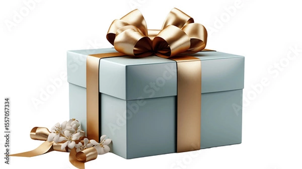 Fototapeta Elegant present box adorned with a luxurious gold bow and delicate white floral accents against a clean background transparent.