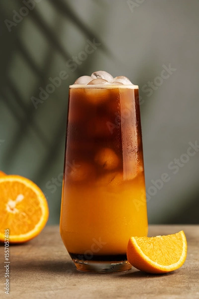 Fototapeta Iced bumble or bamblbee coffee. Layred refreshing drink with espresso, caramel syrup and freshly squeezed orange juice. Sliced ​​orange on the table. In the background, shadows from palm trees