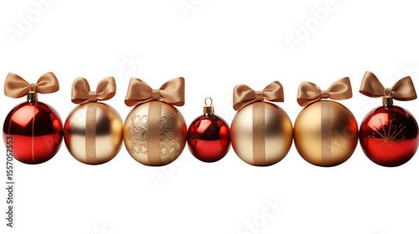 Fototapeta Festive Christmas arrangement showcases red and gold baubles, each adorned with charming bows, adding a touch of elegance transparent.