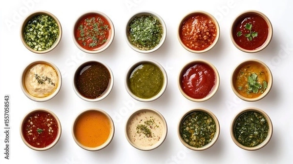 Fototapeta Set of different dip sauces top view.