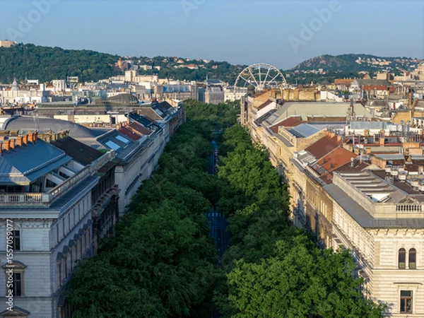 Fototapeta Andrassy street in Budapest, Hungary. Giant ferris wheel on the background