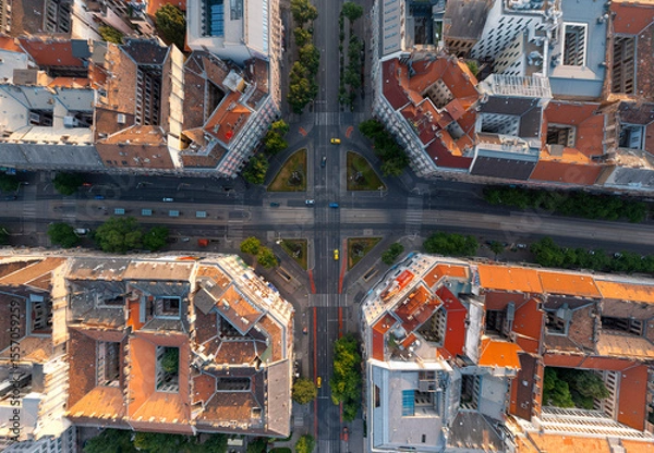 Fototapeta Aerial top down view of Oktogon Square in Budapest, Hugnary